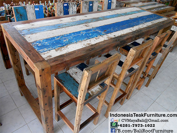 Boat Wood Furniture from Bali. Bar Stools Chairs and Table Indonesian Furniture
