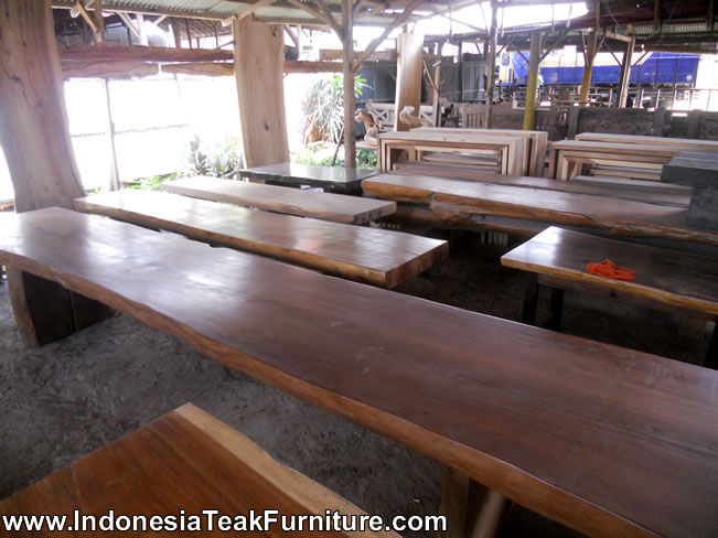 Large Dining Table and Bench suitable for outdoor dining furniture. Thick wood slab dining table from Bali Indonesia