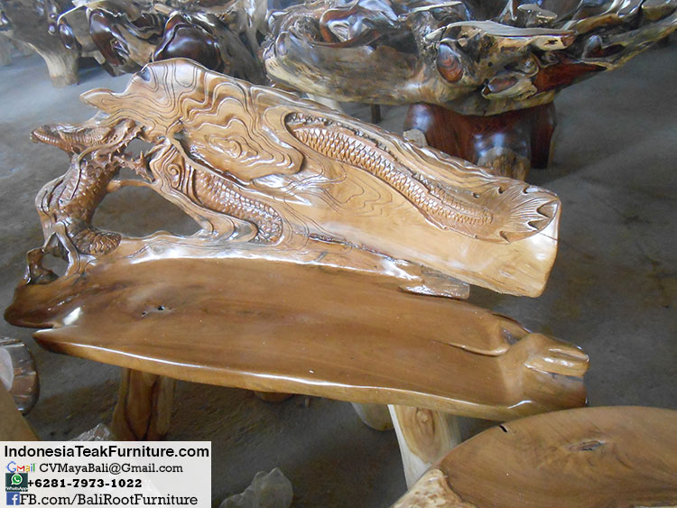 Root17-2 Dragon Carved Teak Wood Bench Furniture