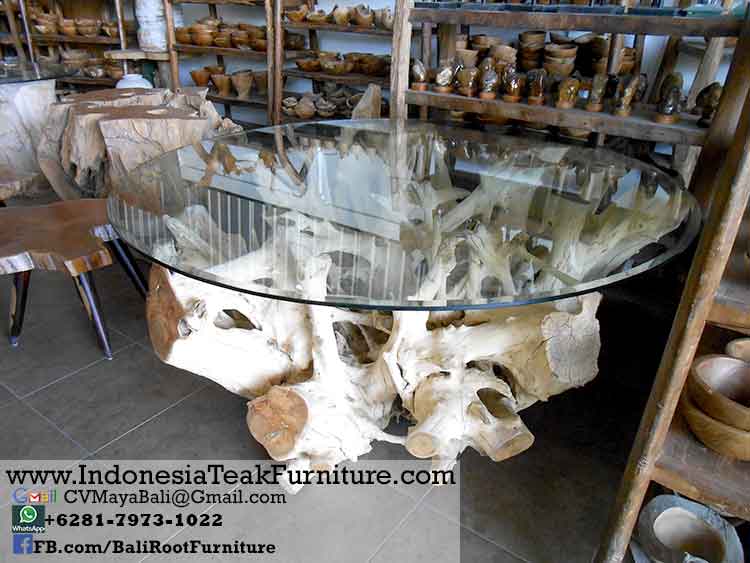 P3-19 Teak Root Wood Table Bali Indonesia Root Glass Top Table