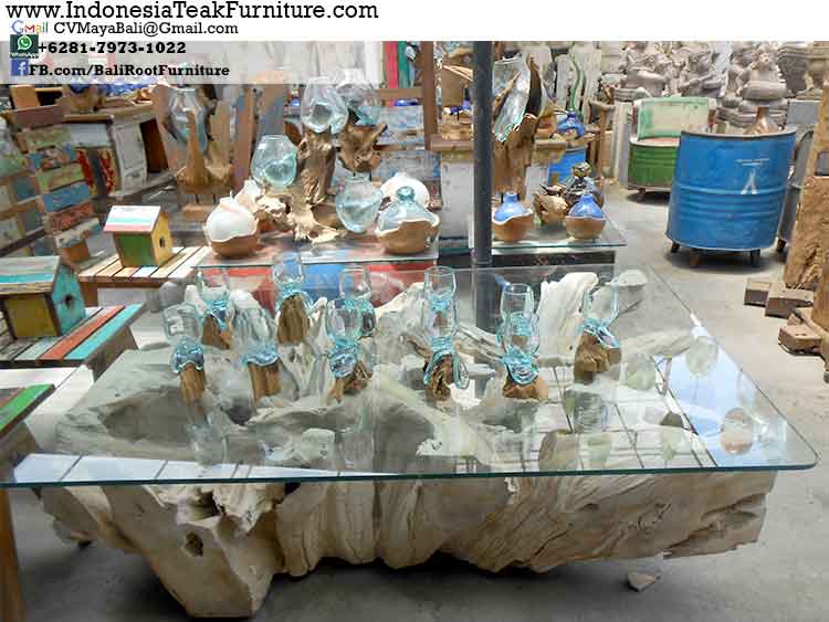 TRTBL2-4 Teak Root Table Glass Furniture Top Bali Indonesia