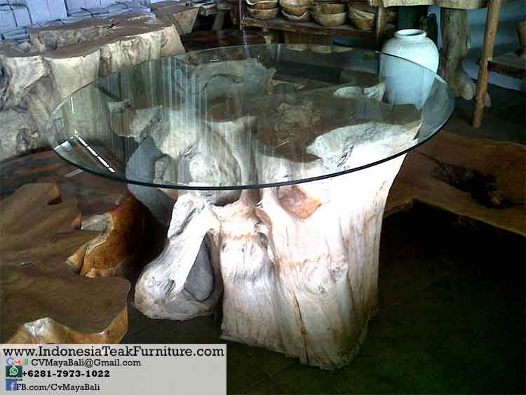 TRTBL8 Glass Top Table Teak Root Wood Furniture Bali Indonesia