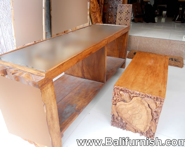 Carved Wood Turtle Bench with Carved Wood Buddha Glass Top Table Furniture from Bali Indonesia