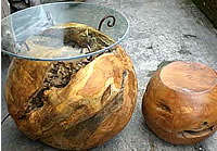 Teak wood ball table with glass top and stool