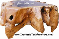 Teak root table with glass top