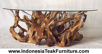 TEAK ROOT TABLE WITH GLASS TOP FURNITURE FROM INDONESIA